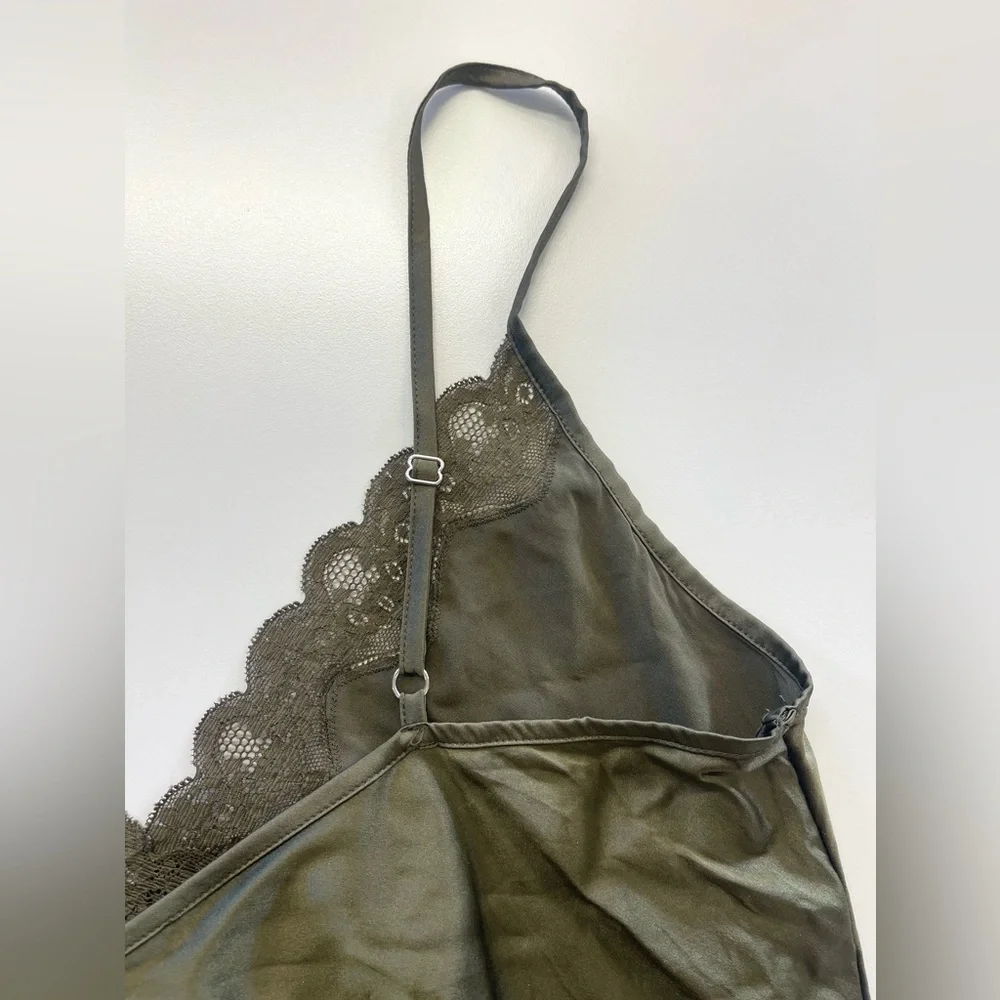 Max & Moi Paris Olive Green Lace Trim Silk Babydoll Camisole Tank Top Y2K Style - Picture 4 of 8
